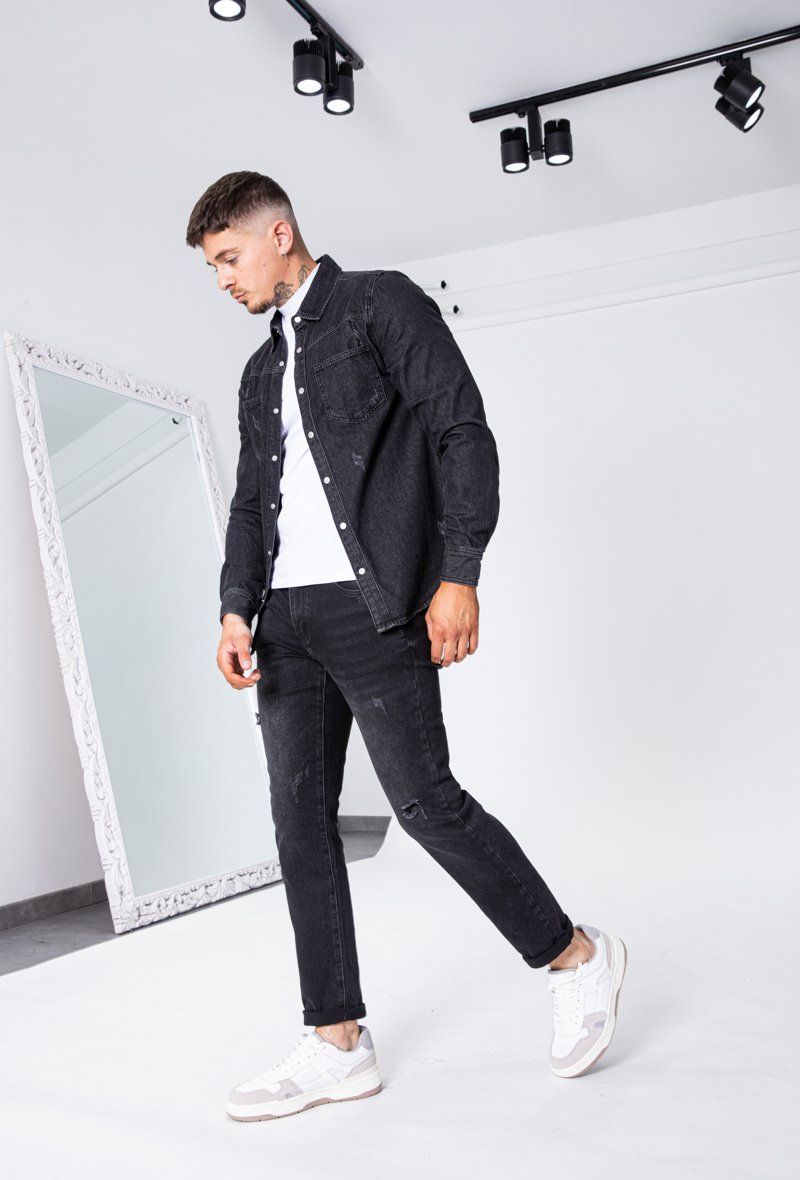 Surchemise jean cintrée à col classique avec finition usée - Frilivin