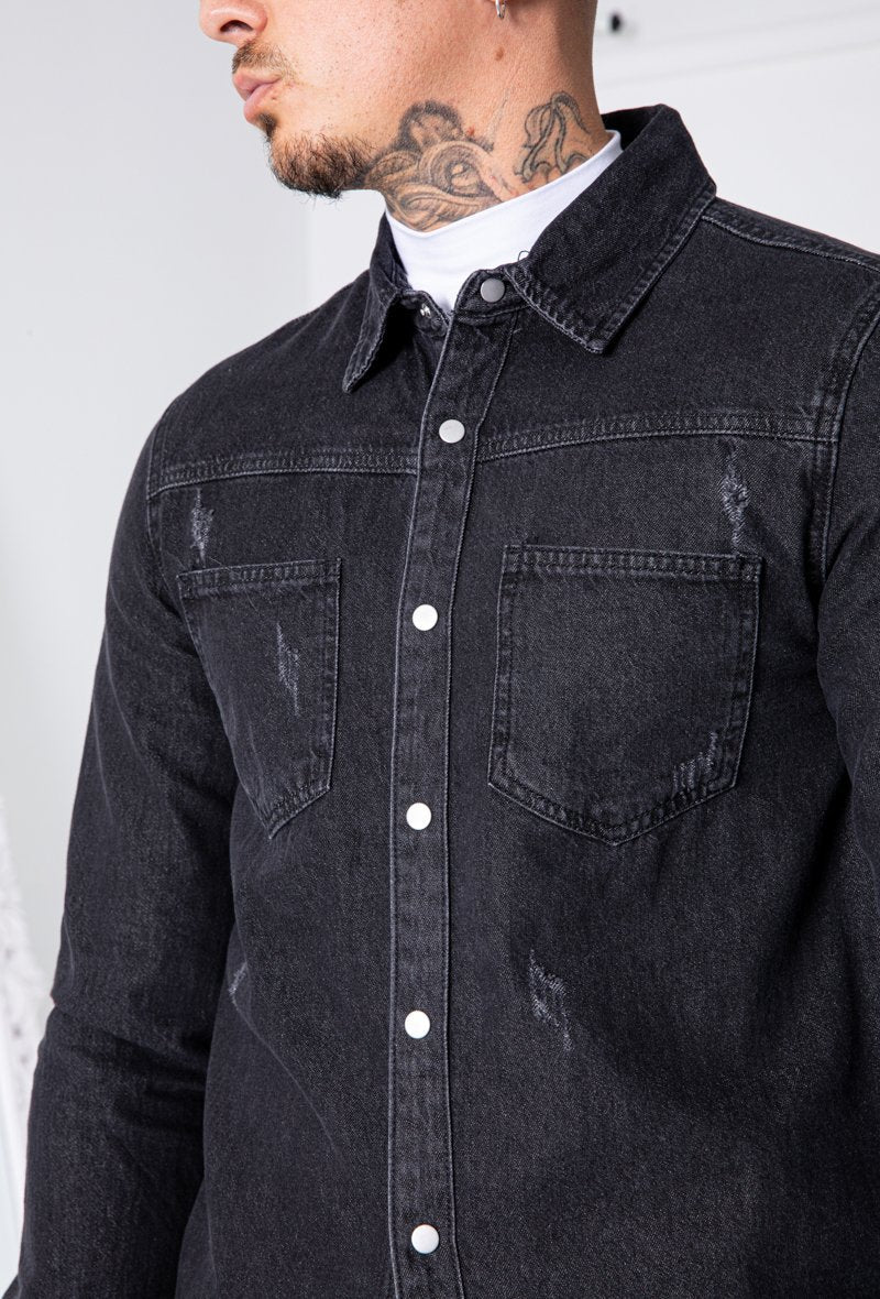 Surchemise jean cintrée à col classique avec finition usée - Frilivin