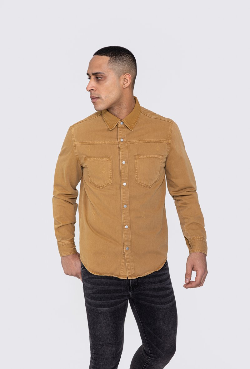 Surchemise jean cintrée à col classique avec finition usée - Frilivin