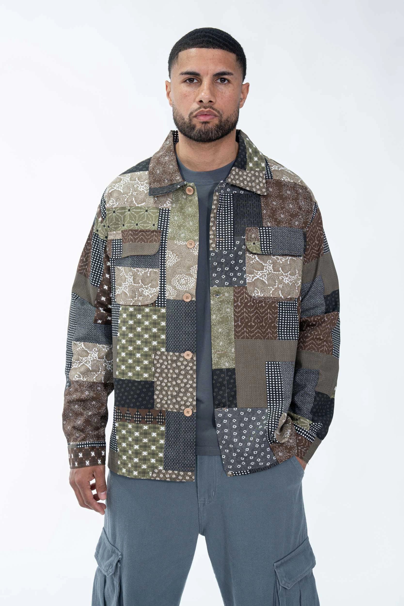 Chemise à manches longues patchwork de différents motifs et tissus