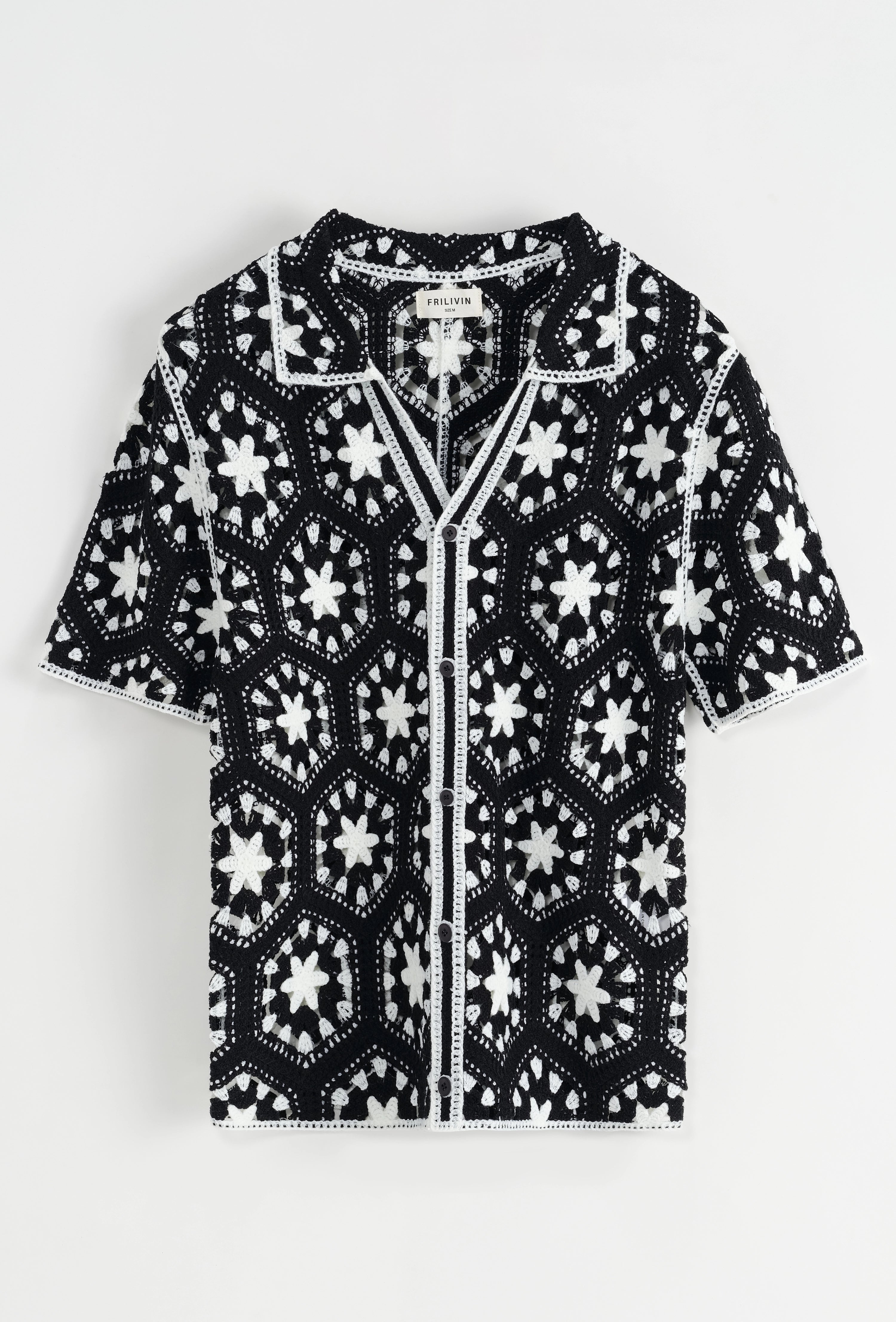 Chemise en crochet à manches courtes avec motif géométrique beige