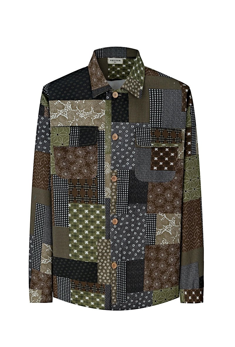 Chemise à manches longues patchwork de différents motifs et tissus - Frilivin