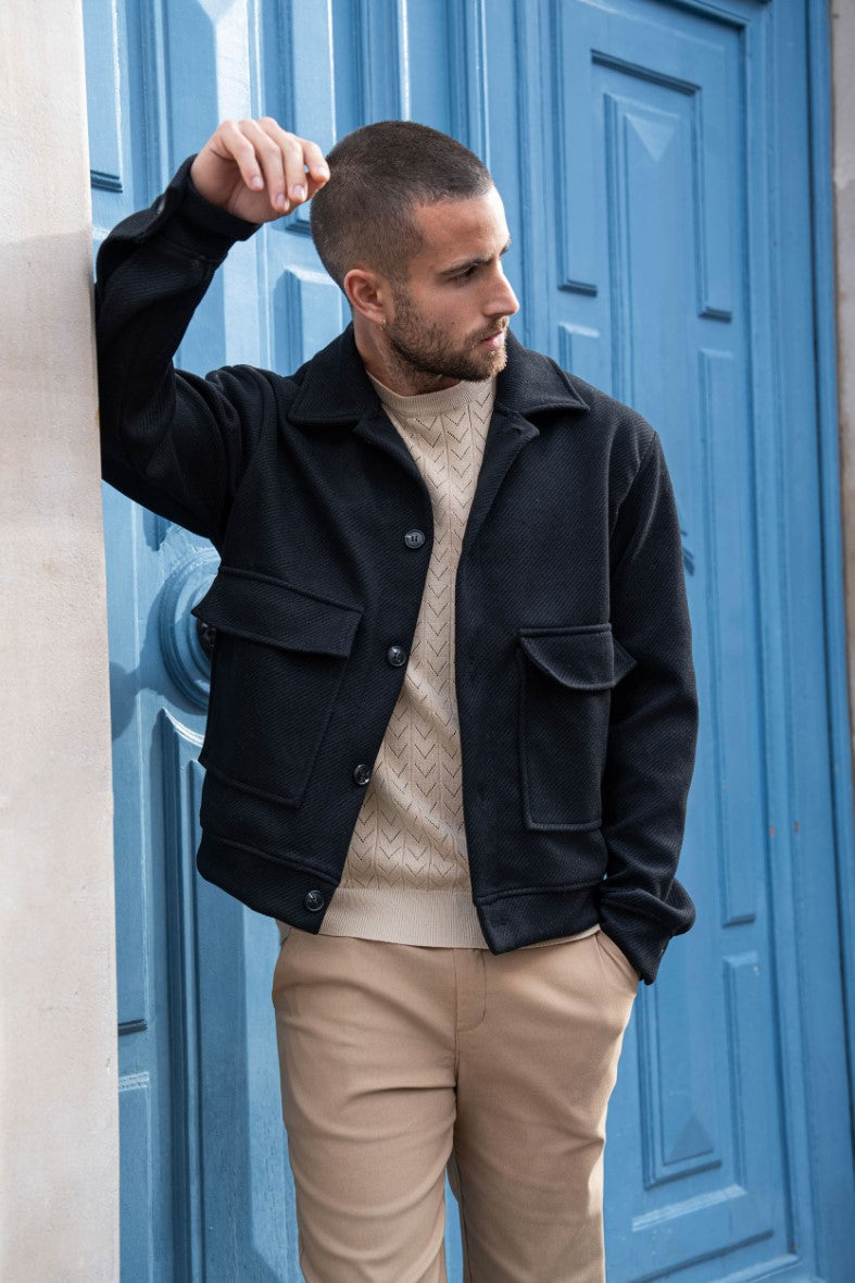 Plain textured jacket with large flap pockets