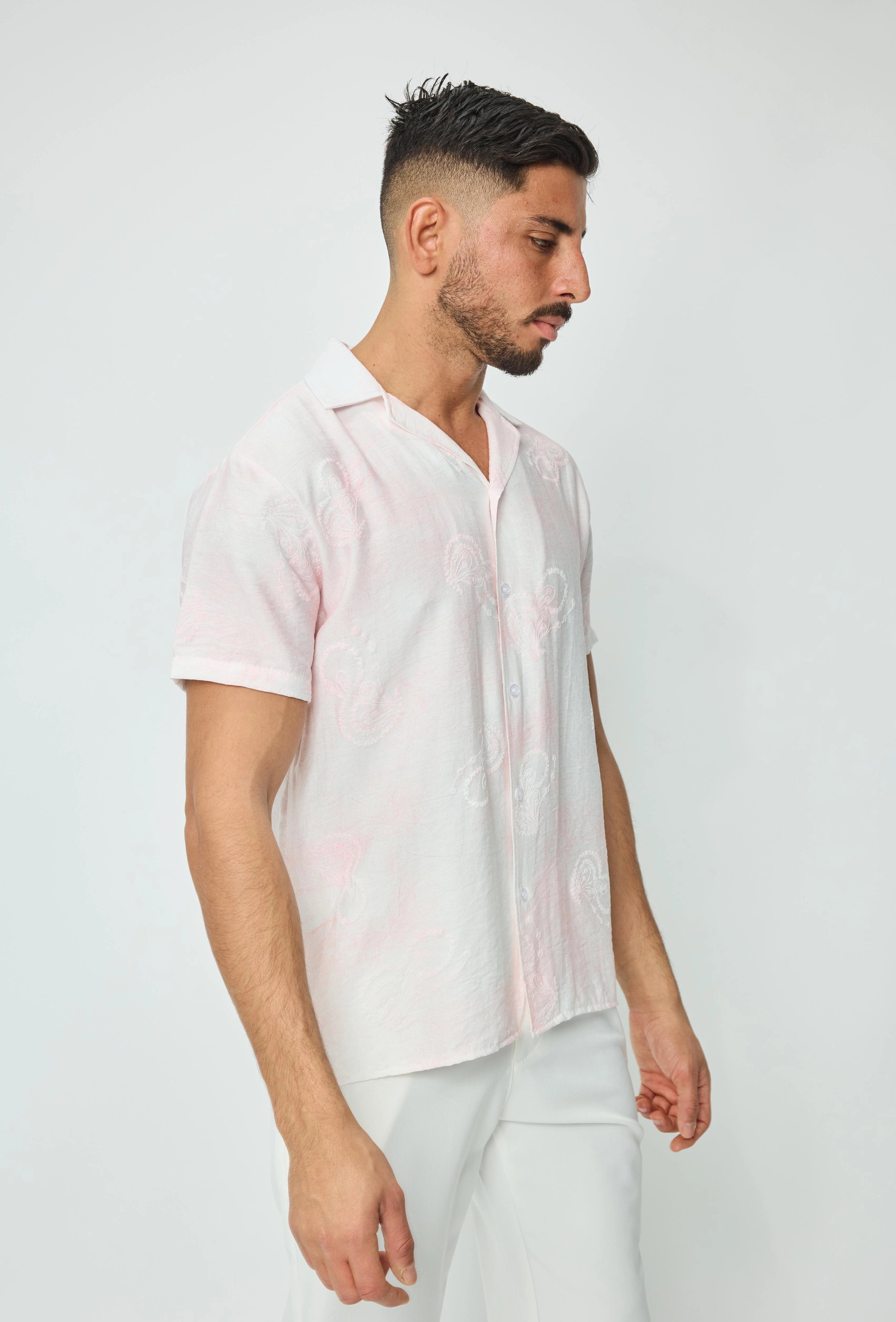 Chemise manches courtes tendance effet lin avec motif