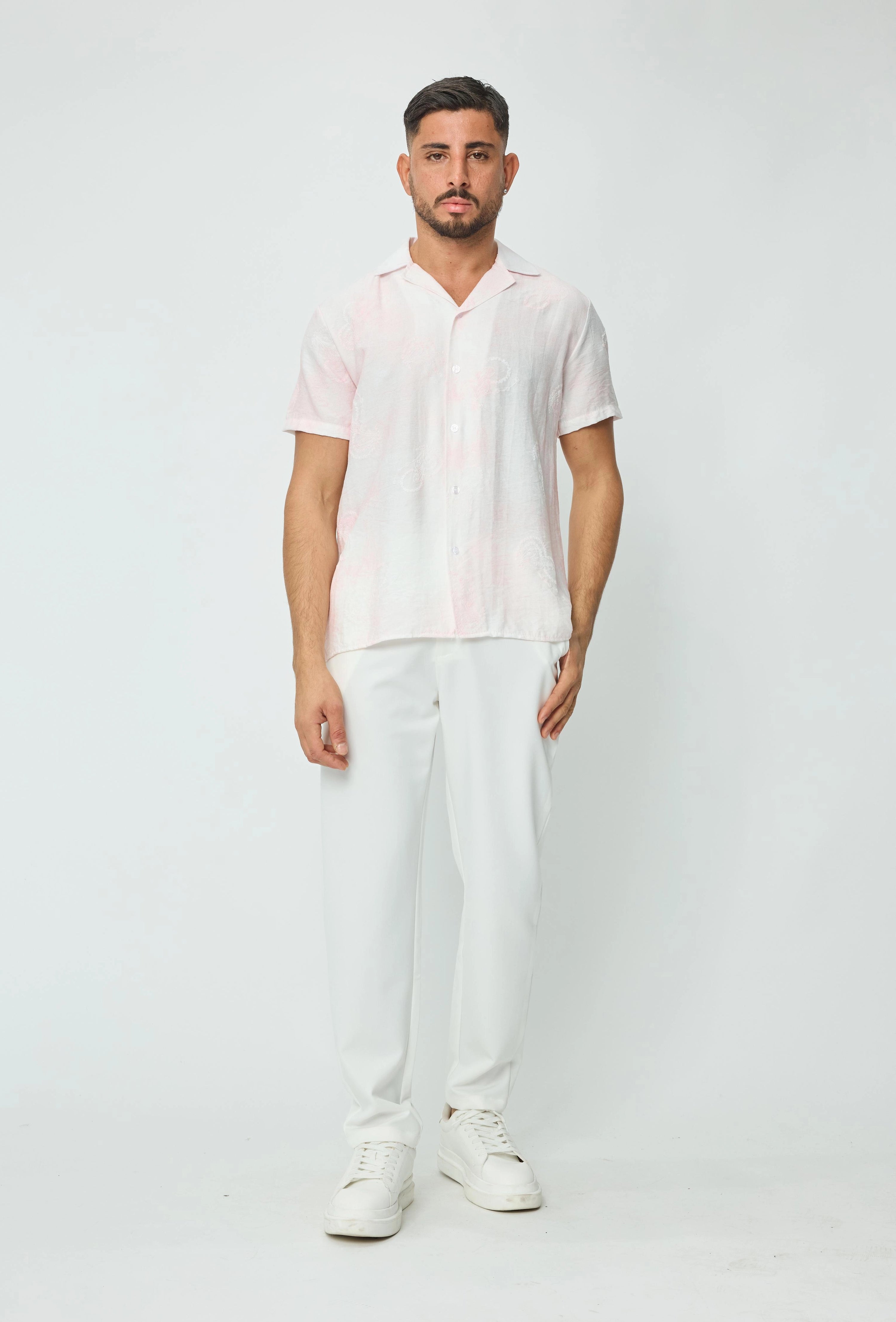 Chemise manches courtes tendance effet lin avec motif