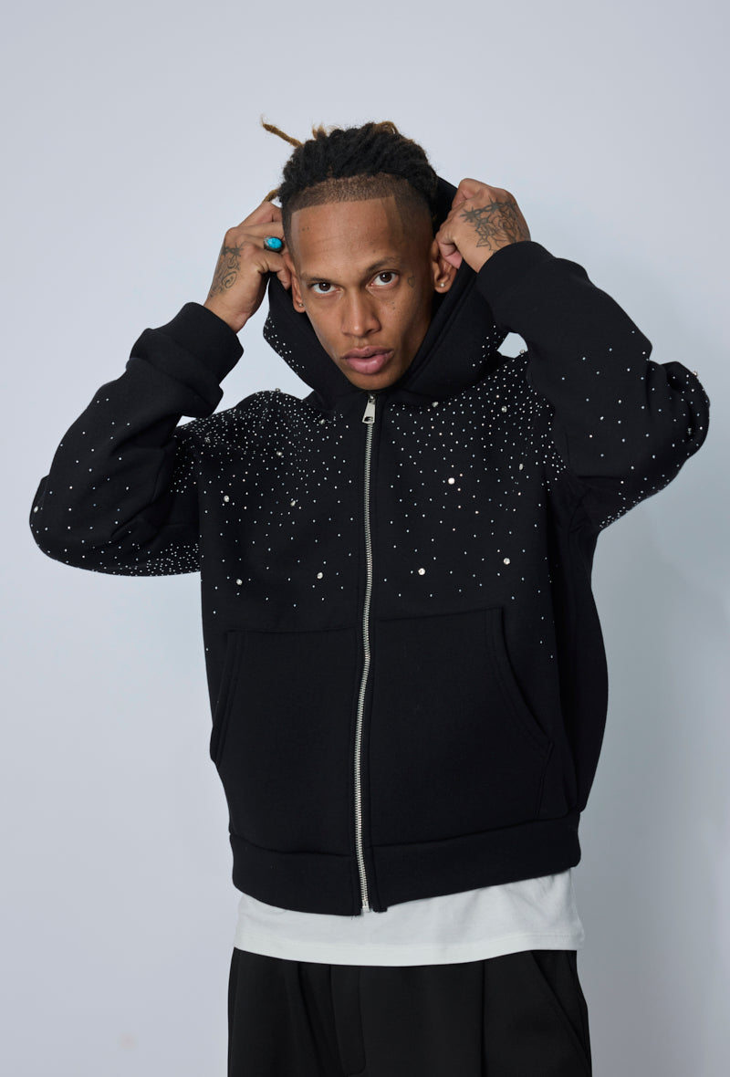 Sweat zippé à capuche strass