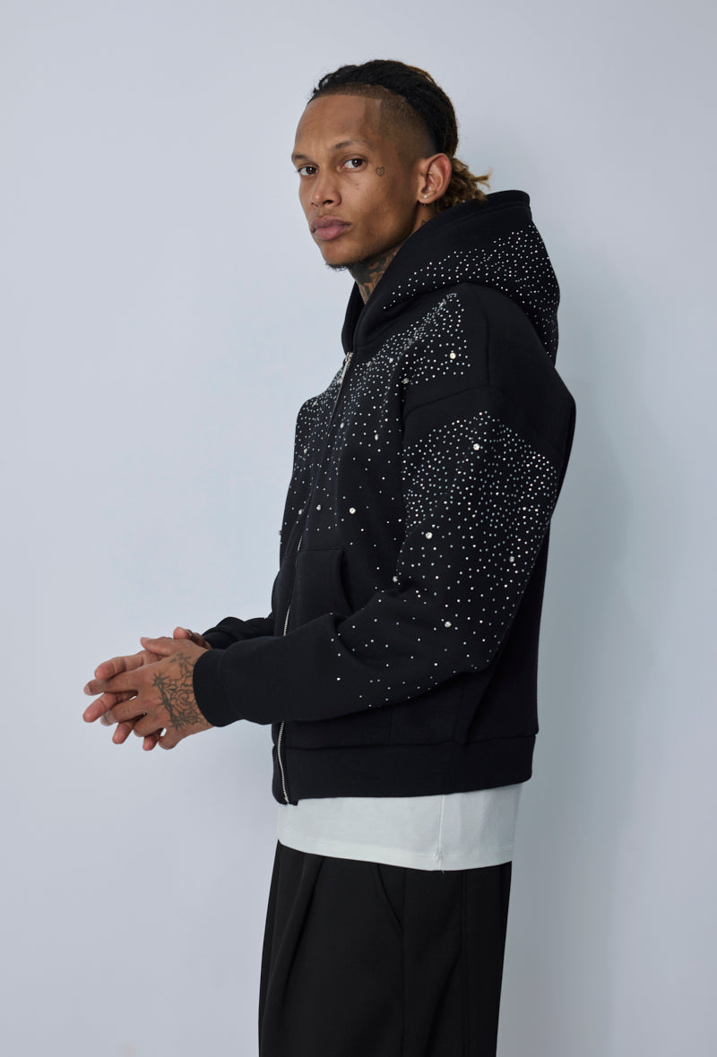 Sweat zippé à capuche strass
