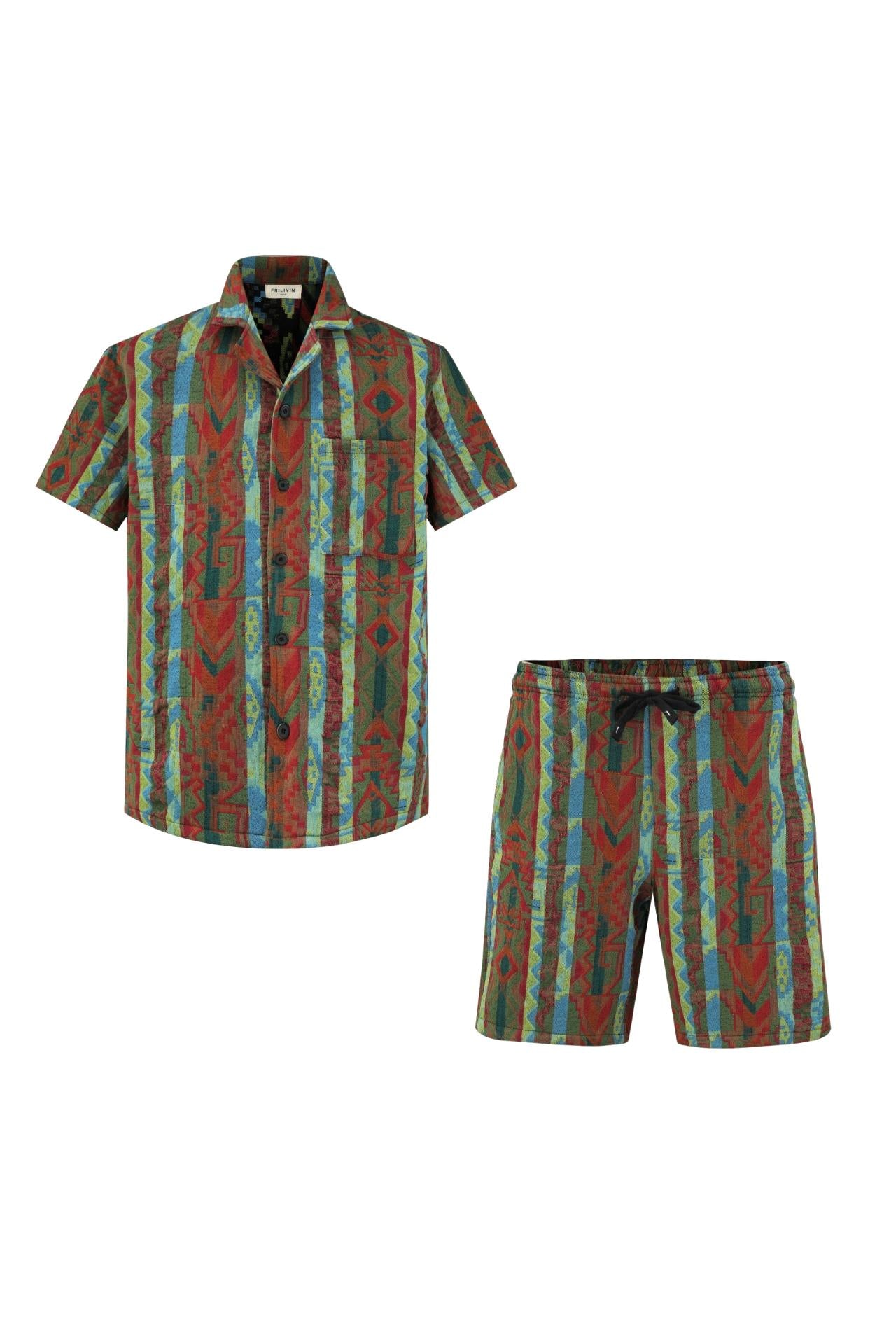 Ensemble short et chemise manche courte a motifs géométriques - Frilivin