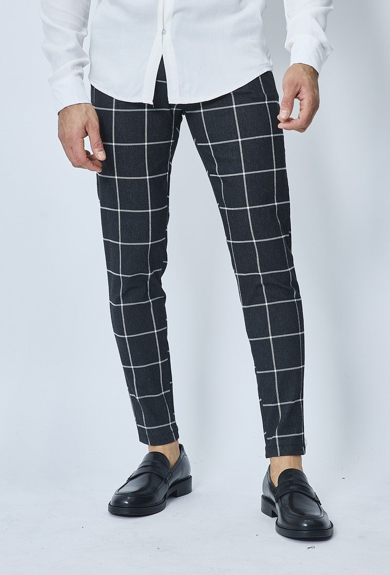 Pantalon Mens Black And White Checked Trousers Skinny Large Check