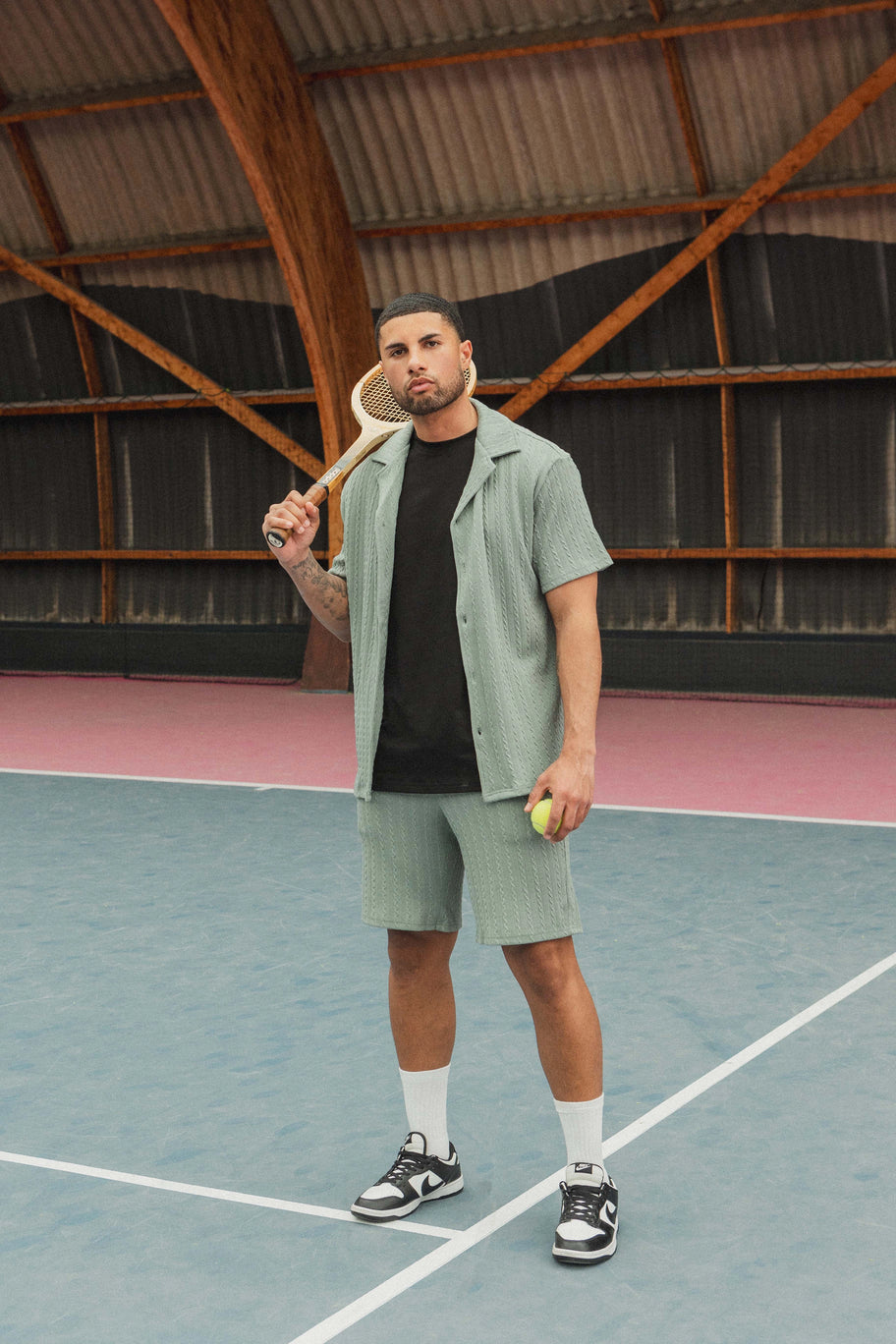 Plain Textured Short Sleeve Shirt Shorts Set