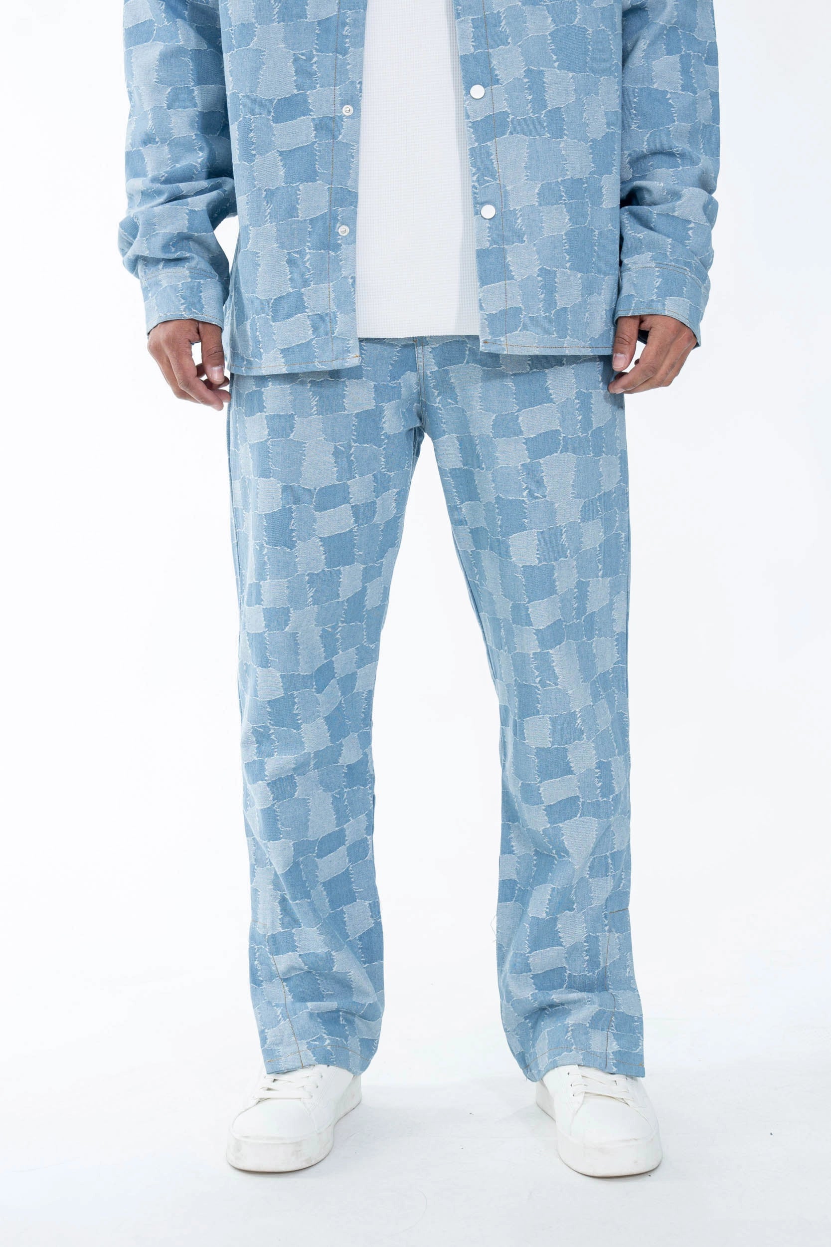 Matching shirt pants set with a square pattern