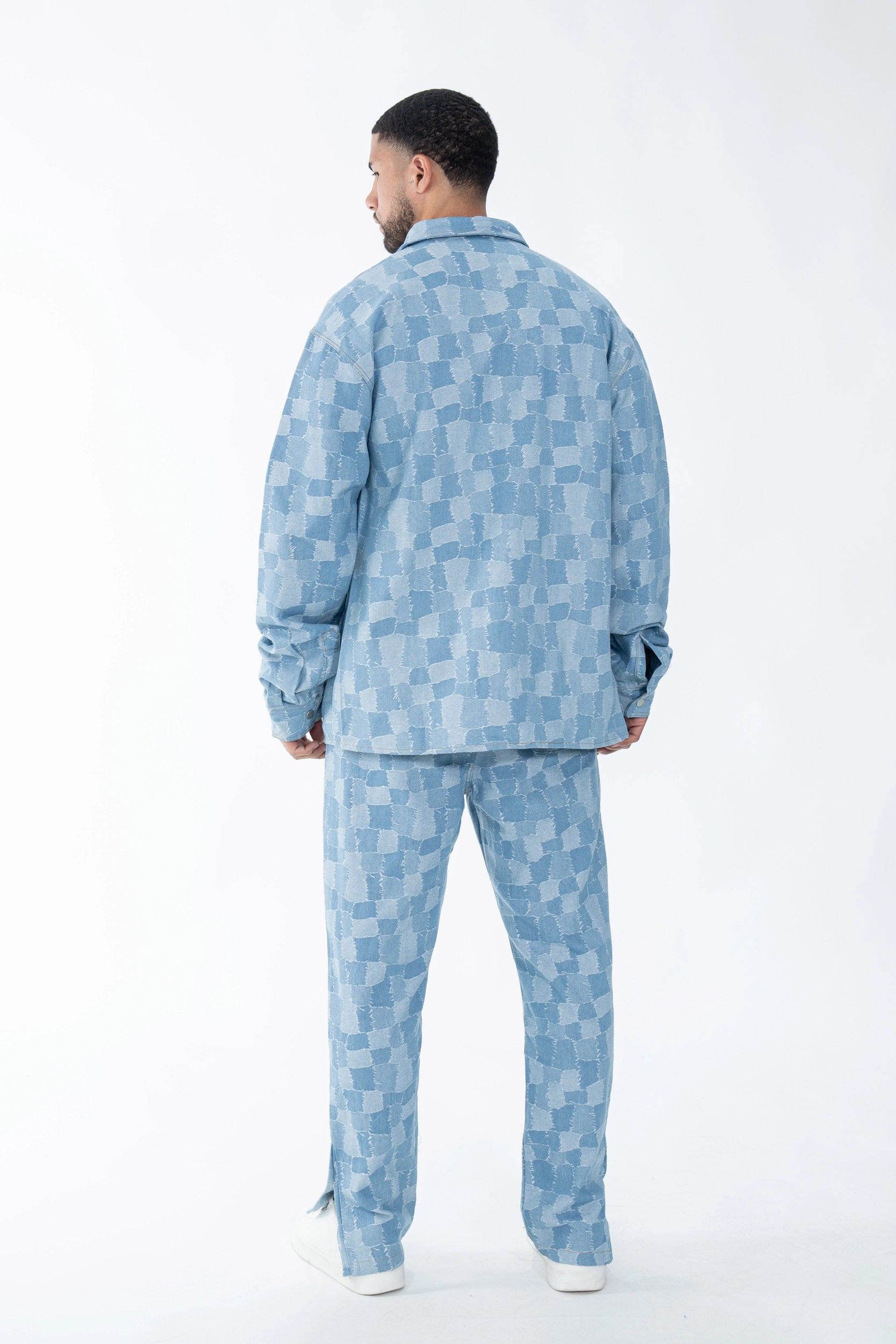 Matching shirt pants set with a square pattern