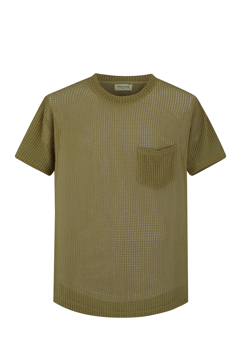 T-shirt uni en maille transparente manches courtes col rond