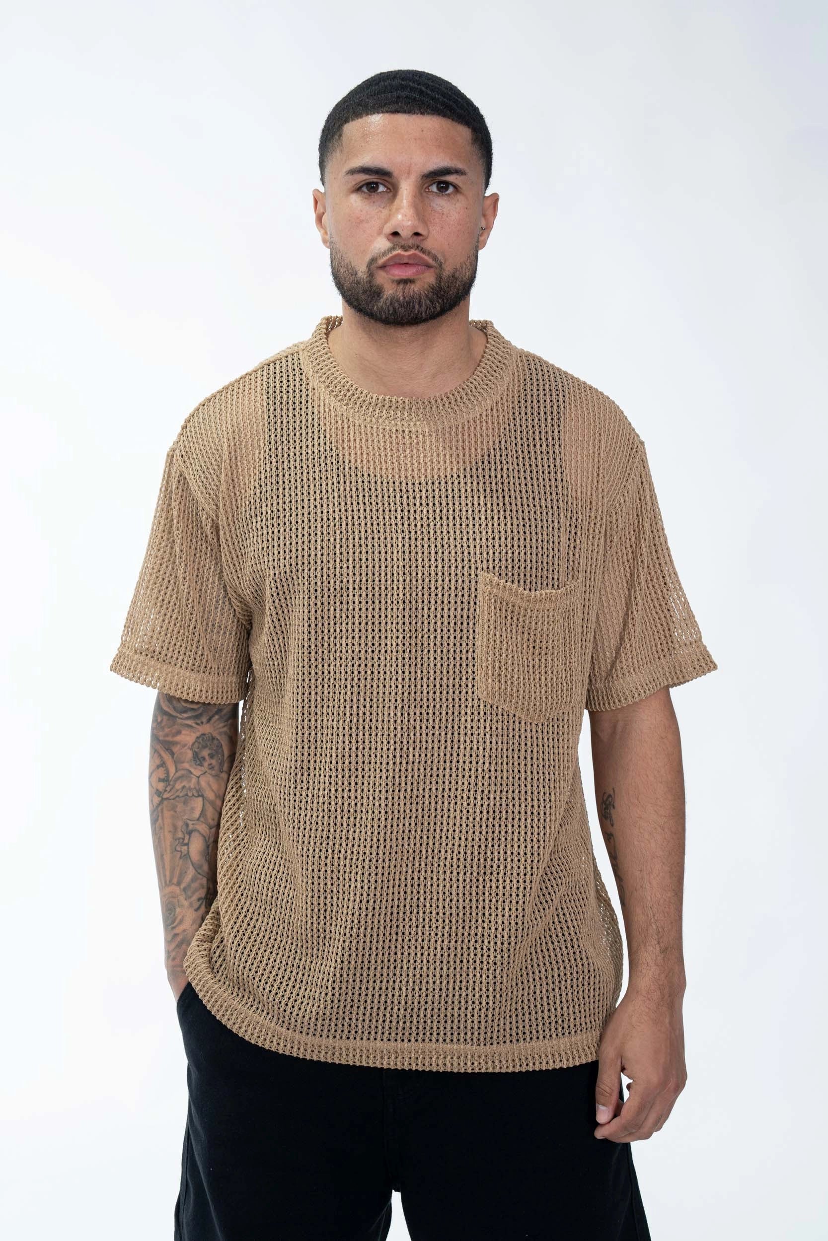 Plain T-shirt in transparent mesh, short sleeves, round neck