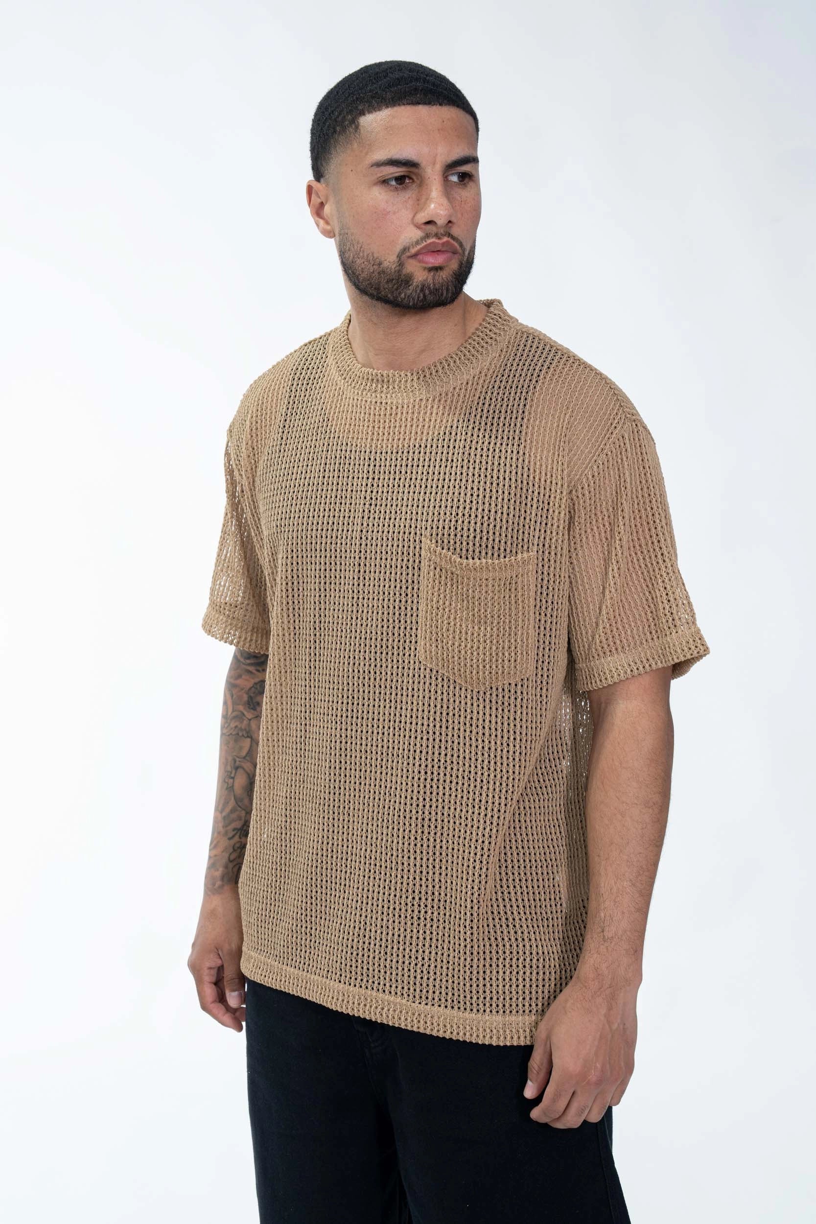 T-shirt uni en maille transparente manches courtes col rond