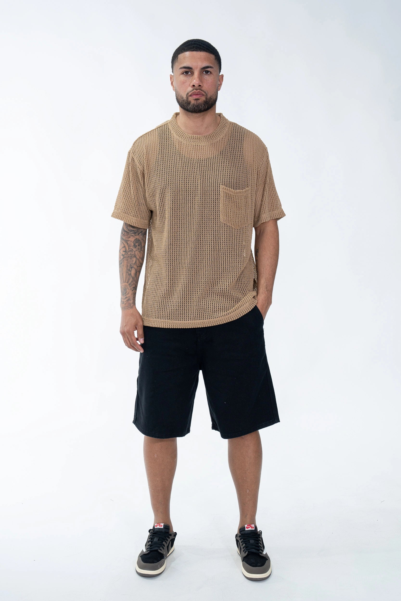 Plain T-shirt in transparent mesh, short sleeves, round neck