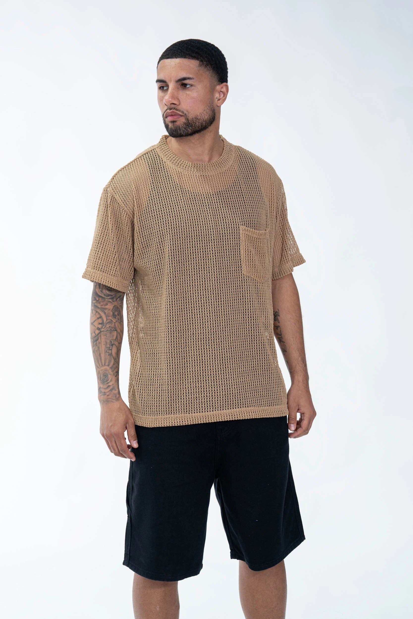 T-shirt uni en maille transparente manches courtes col rond