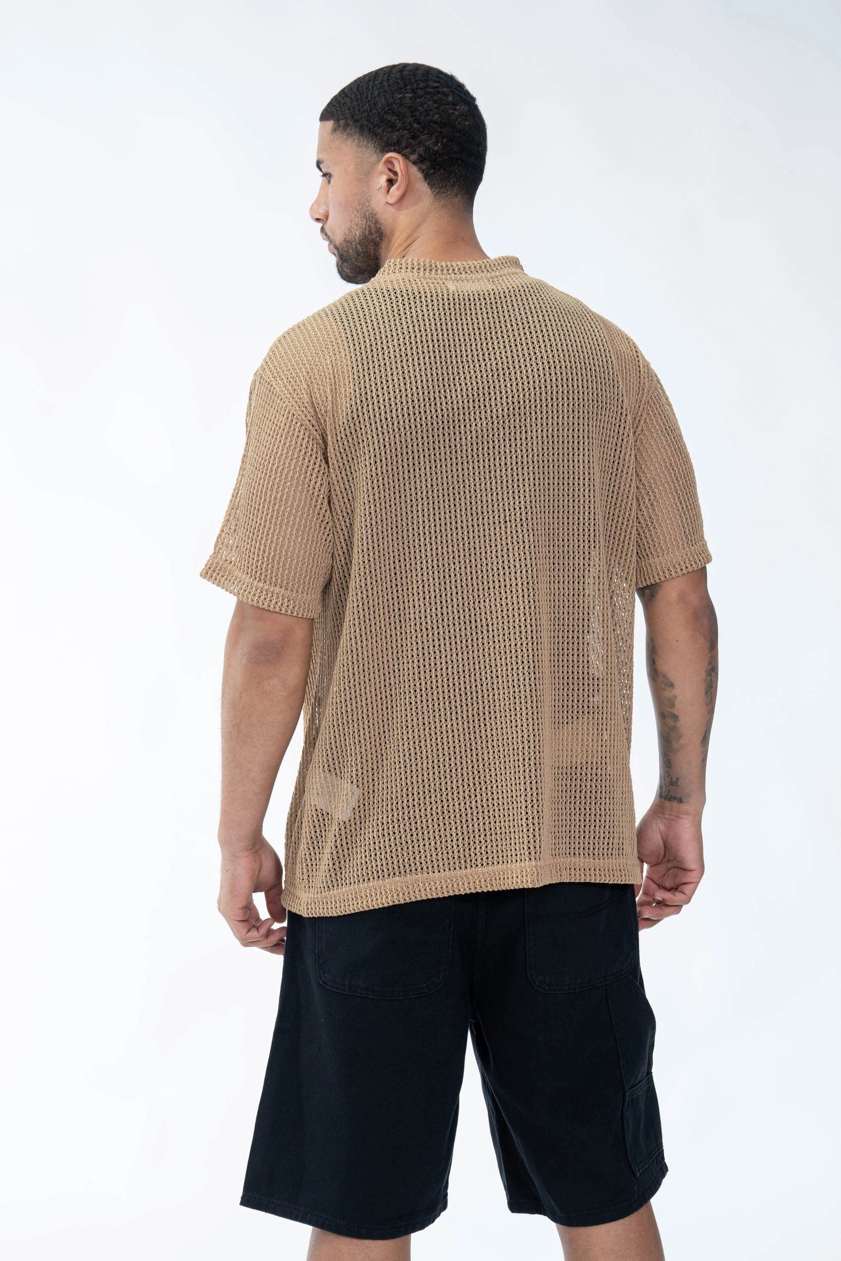 T-shirt uni en maille transparente manches courtes col rond