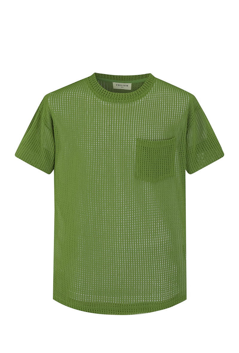 T-shirt uni en maille transparente manches courtes col rond