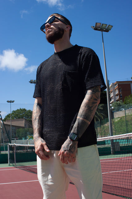 T-shirt uni en maille transparente manches courtes col rond