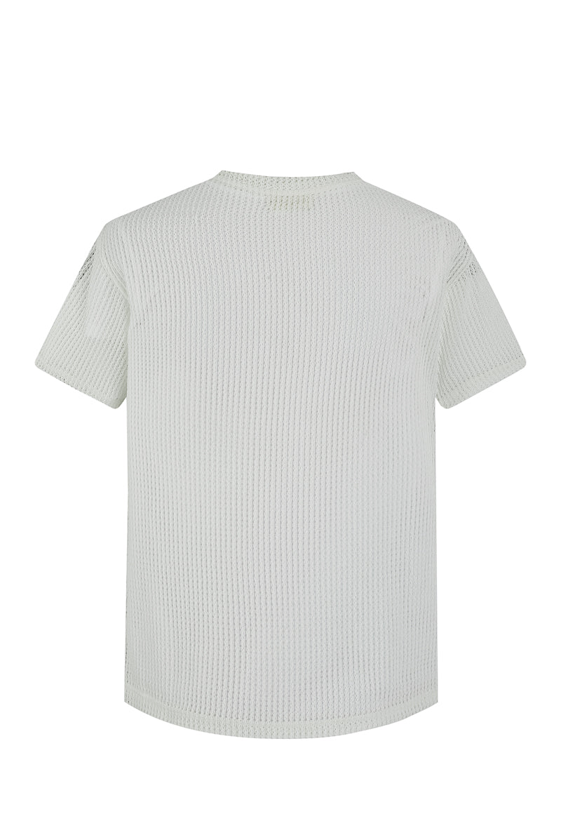 T-shirt uni en maille transparente manches courtes col rond