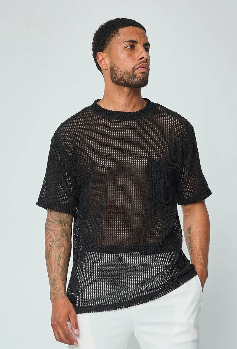 T-shirt uni en maille transparente manches courtes col rond