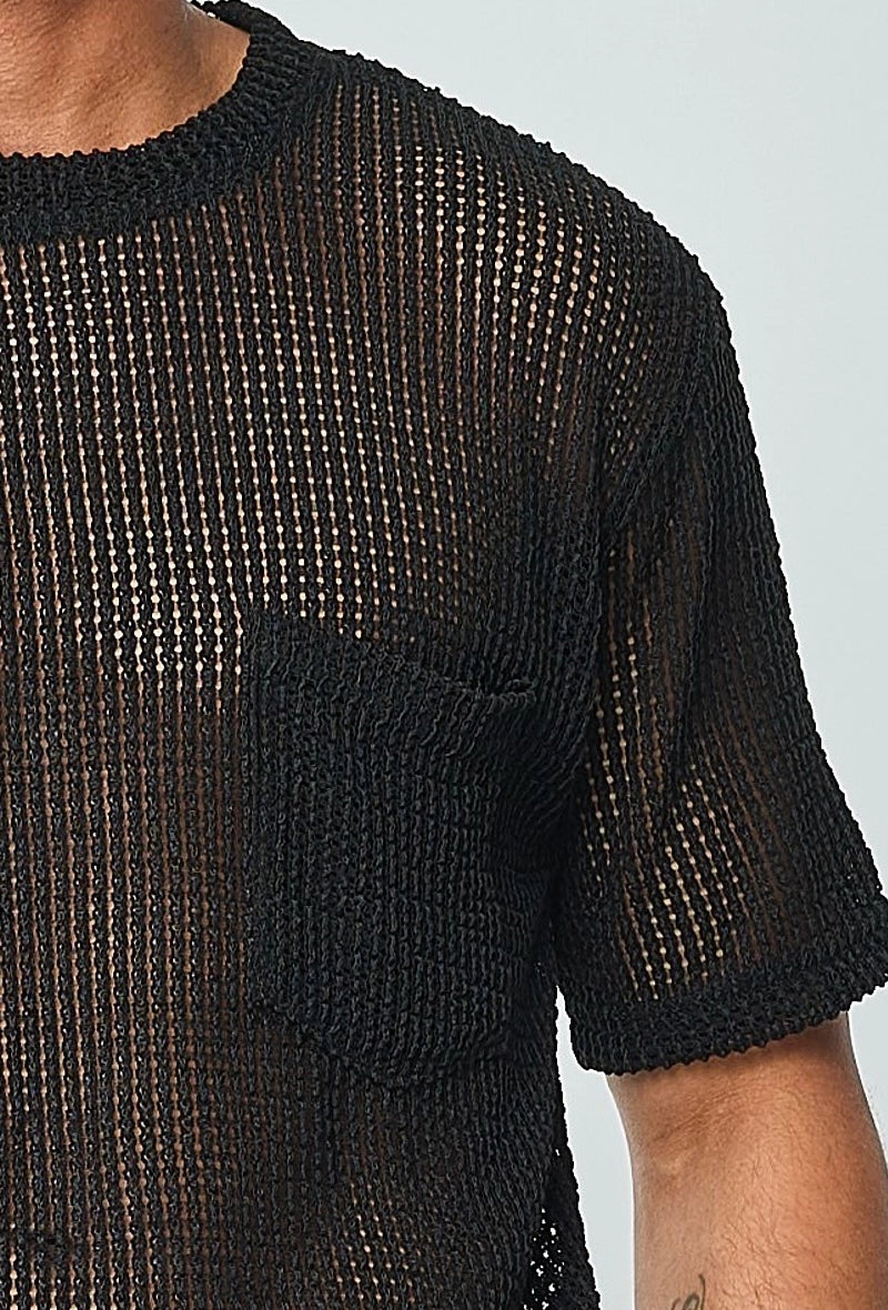 T-shirt uni en maille transparente manches courtes col rond