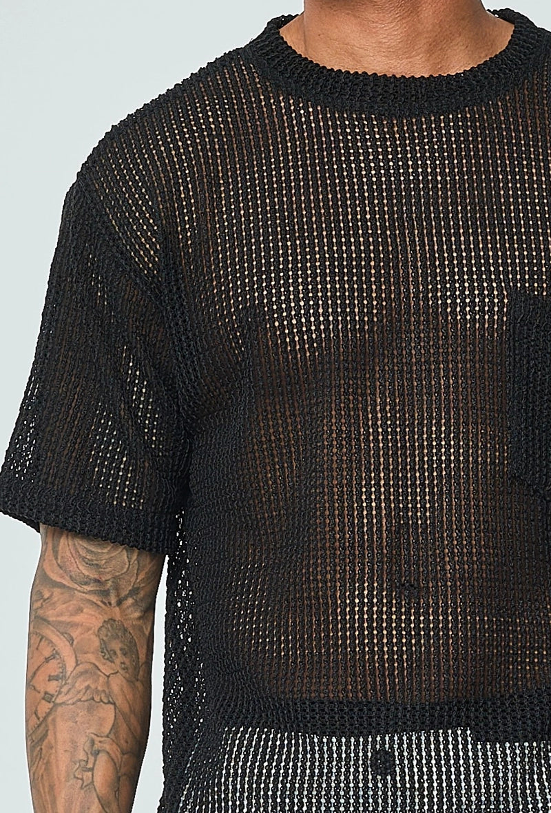 T-shirt uni en maille transparente manches courtes col rond