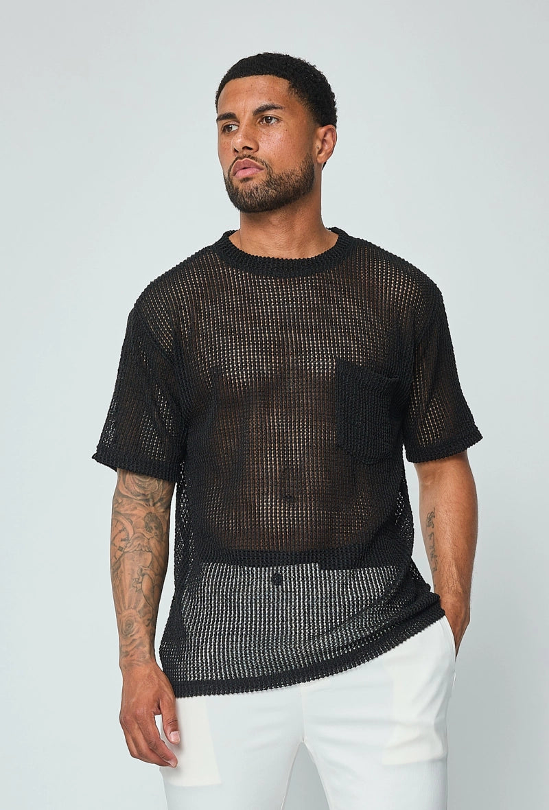 T-shirt uni en maille transparente manches courtes col rond