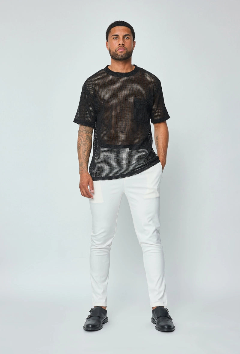 T-shirt uni en maille transparente manches courtes col rond