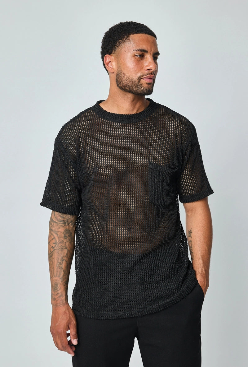 T-shirt uni en maille transparente manches courtes col rond