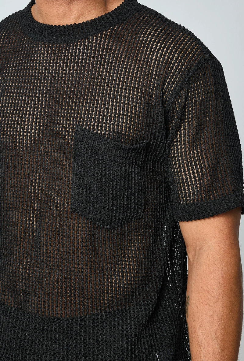 T-shirt uni en maille transparente manches courtes col rond
