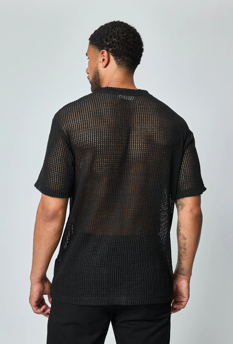 T-shirt uni en maille transparente manches courtes col rond