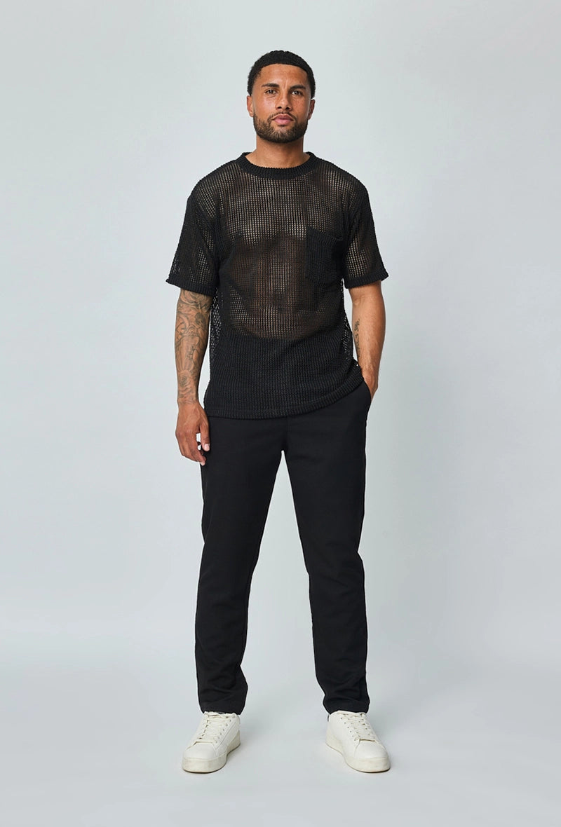 T-shirt uni en maille transparente manches courtes col rond