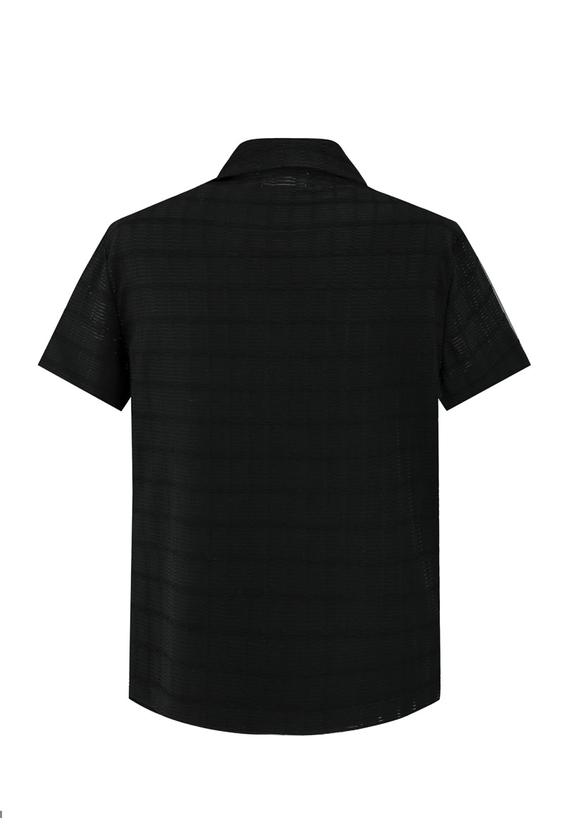 Short-sleeved pleated shirt with revere collar