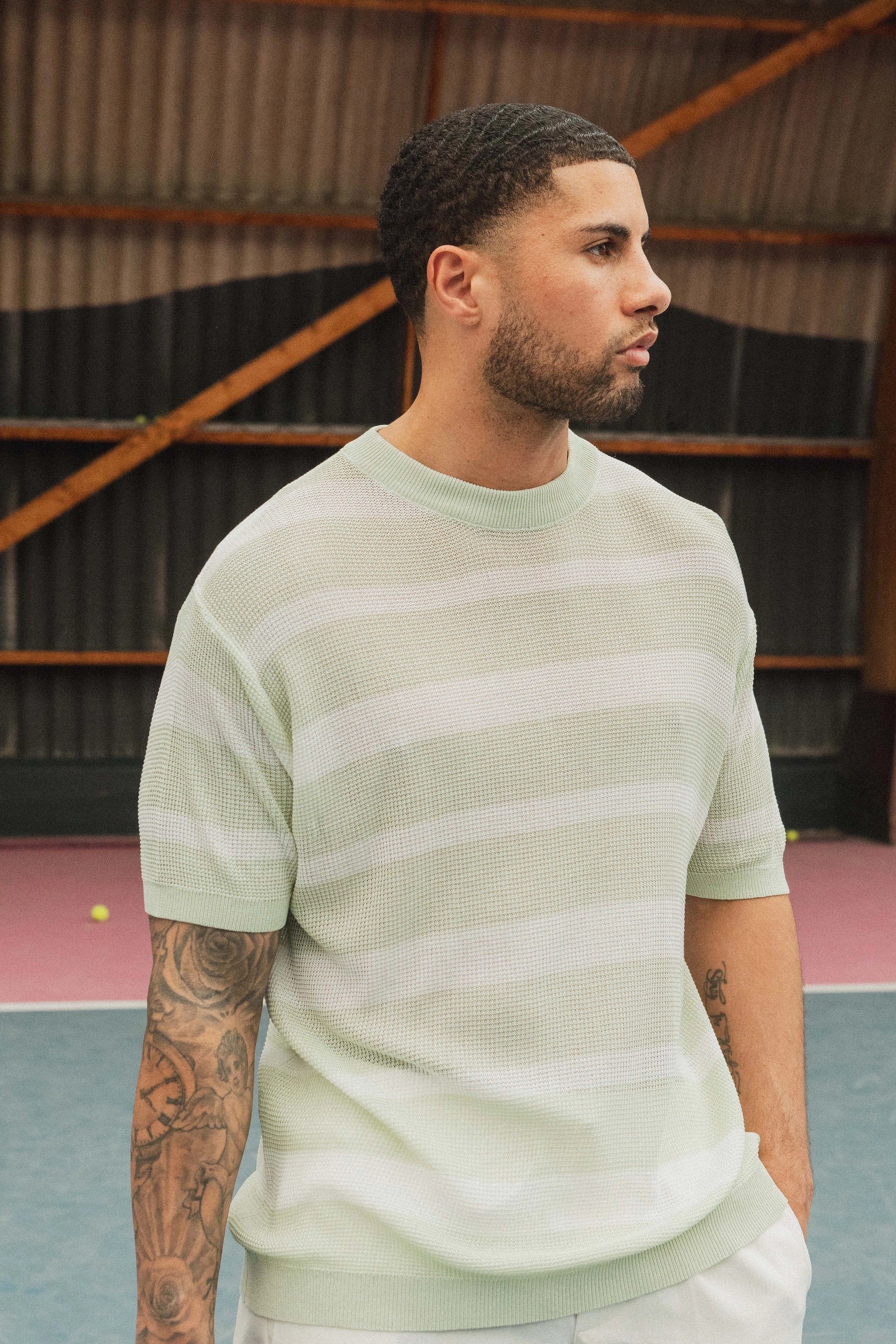 Short-sleeved striped knit T-shirt