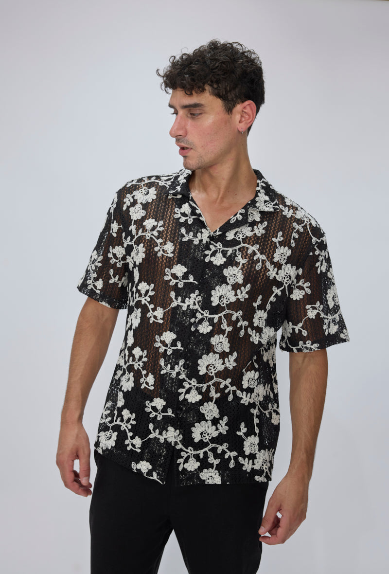 Chemise col cubain ajourée