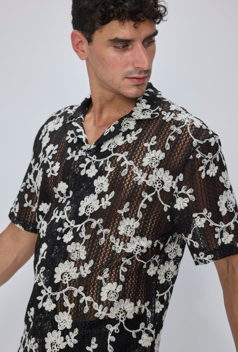 Chemise col cubain ajourée