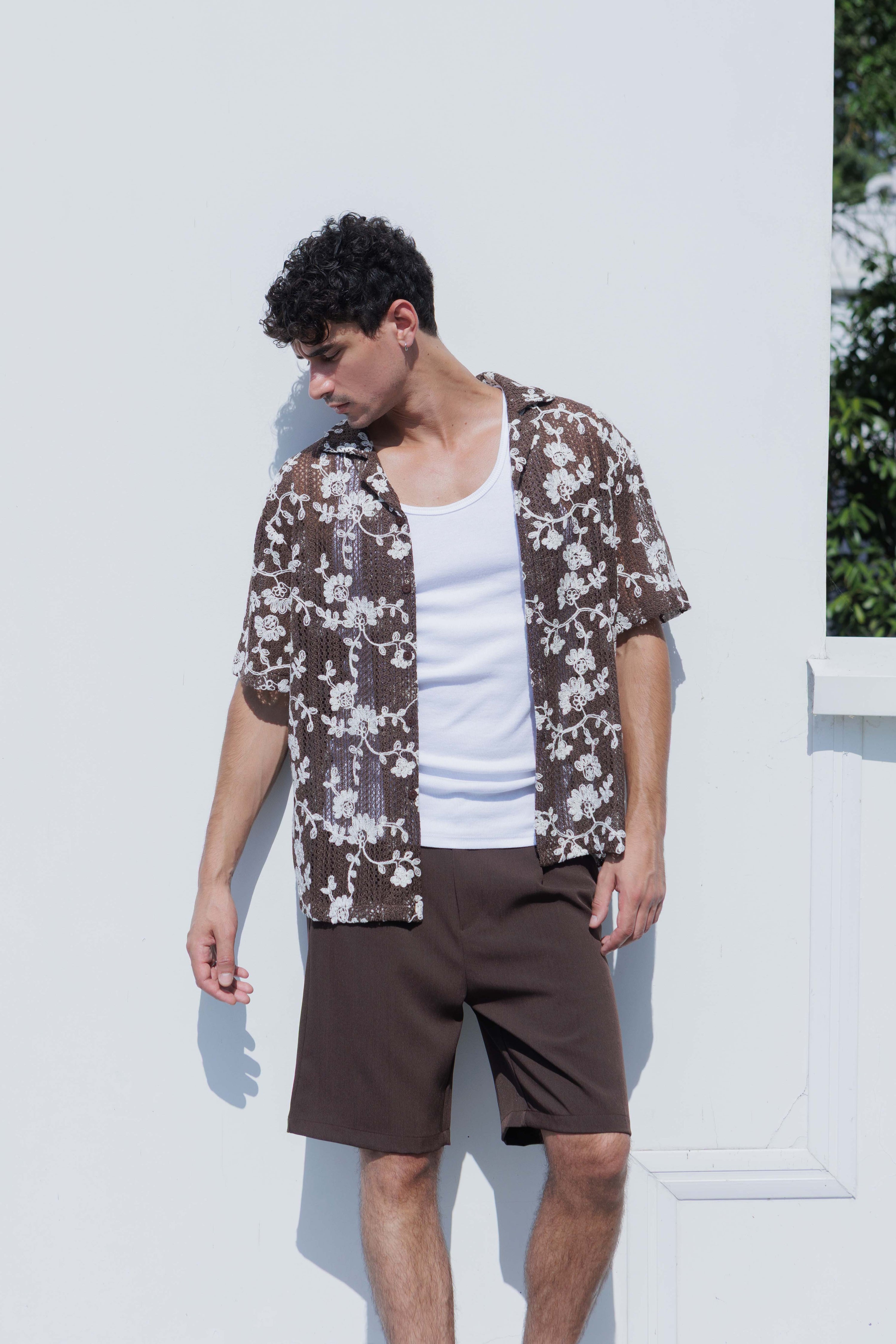 Chemise col cubain ajourée