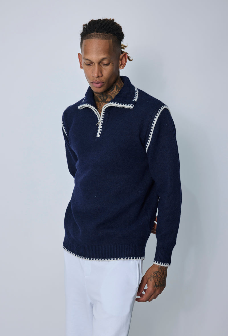 Pull col zippé contrasté