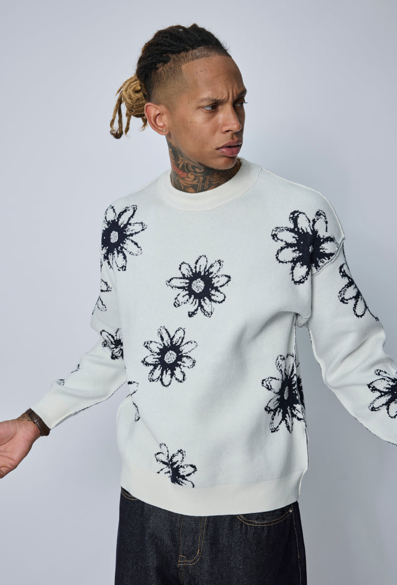 Pull col rond fleuri