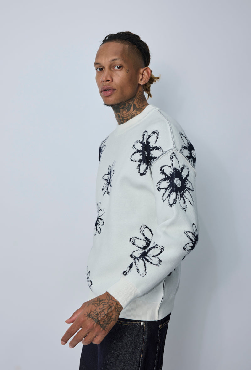Pull col rond fleuri