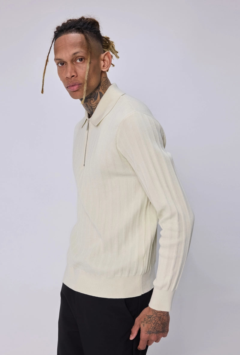 Pull col polo zippé côtelé