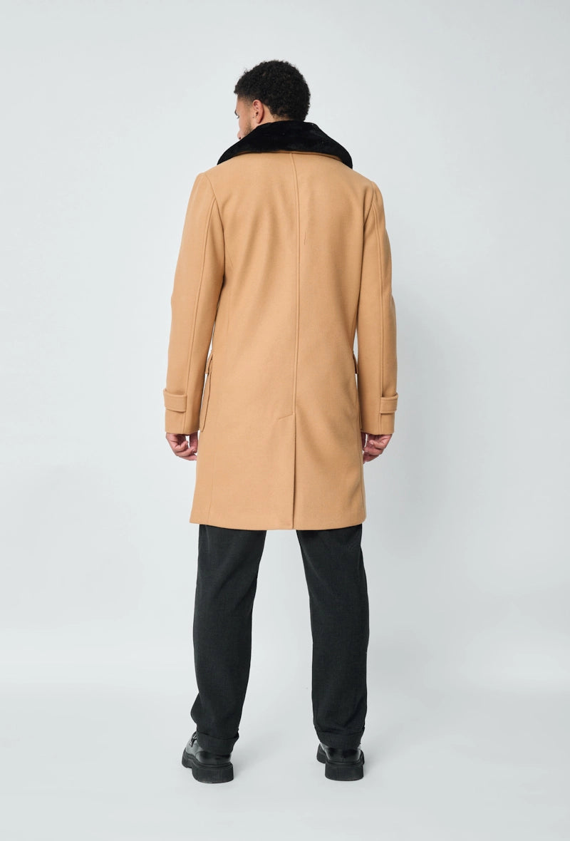 Mens camel coat with fur collar shop