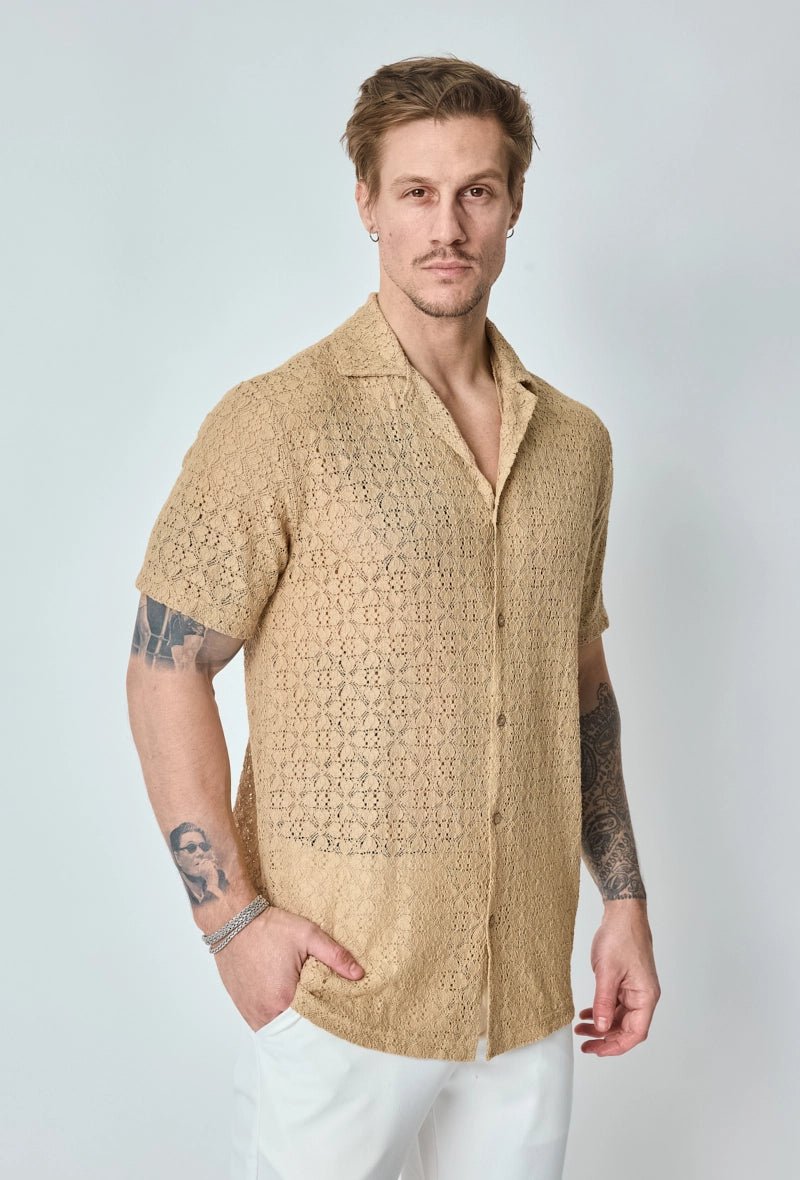 Chemise unie en dentelle manches courtes col à revers - Frilivin