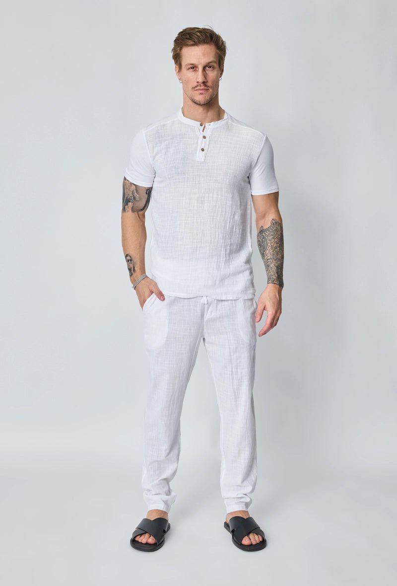 Ensemble polo pantalon uni effet lin - Frilivin