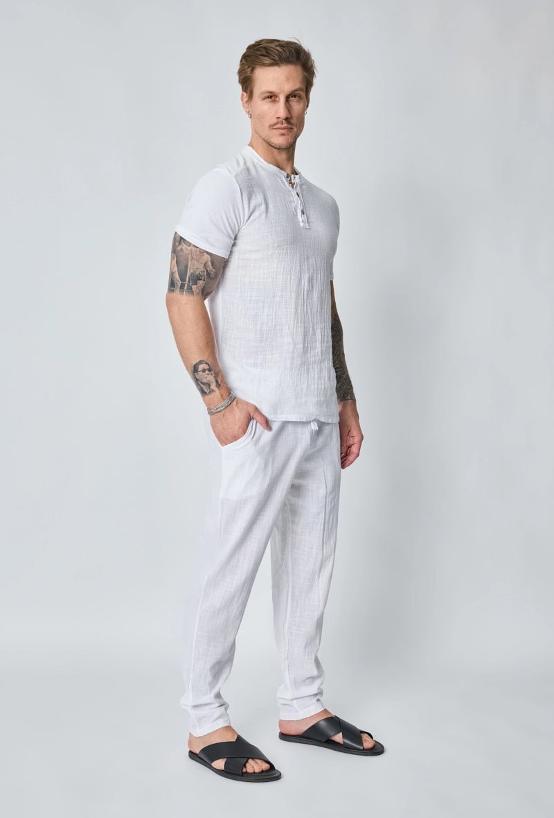 Ensemble polo pantalon uni effet lin - Frilivin