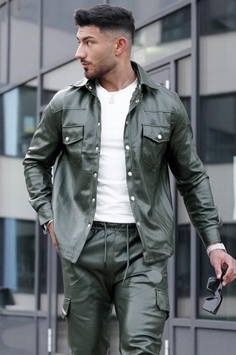 Cuir Homme Chemise Effet Cuir Simili Cuir Veste Vert Kaki Homme